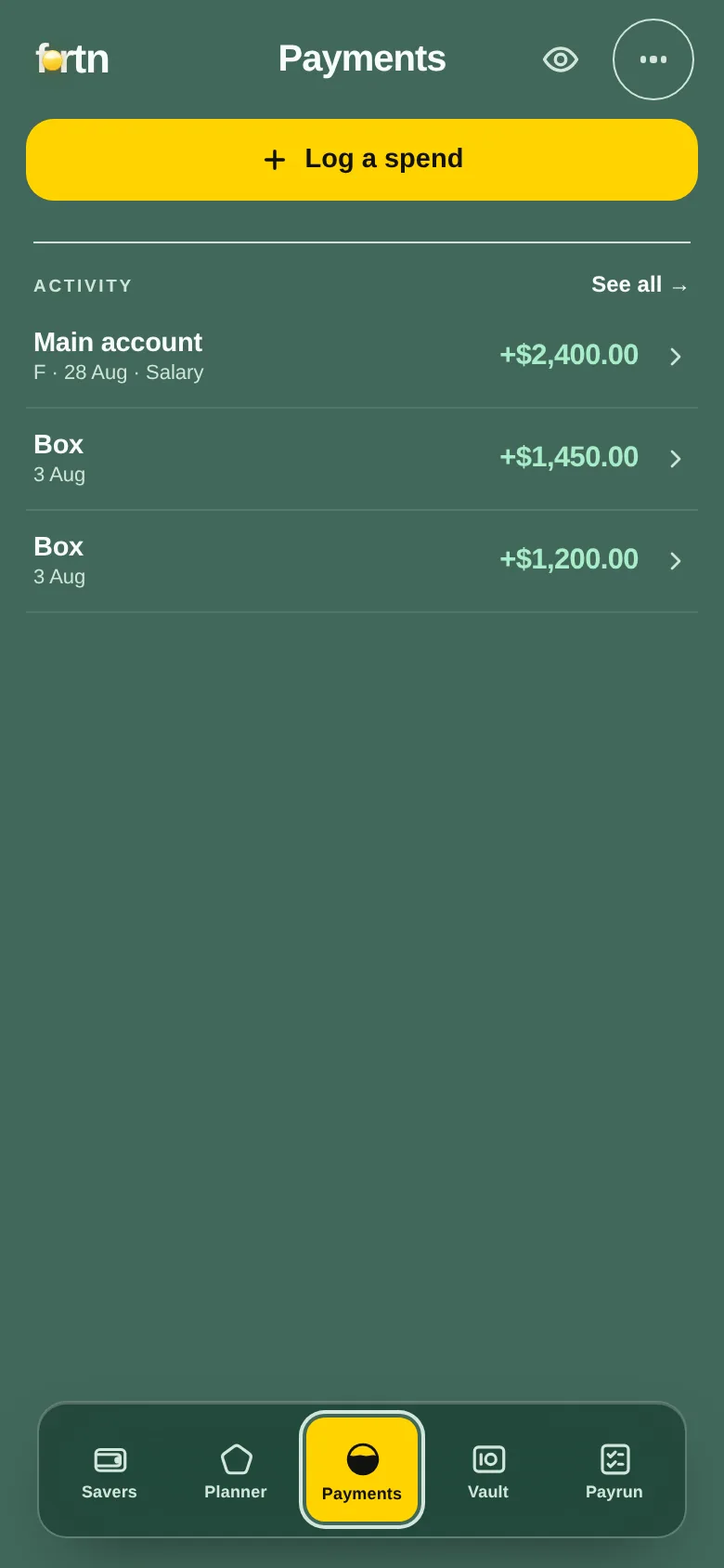 The Payments screen: balances per letter and an in-app keypad for logging a spend.