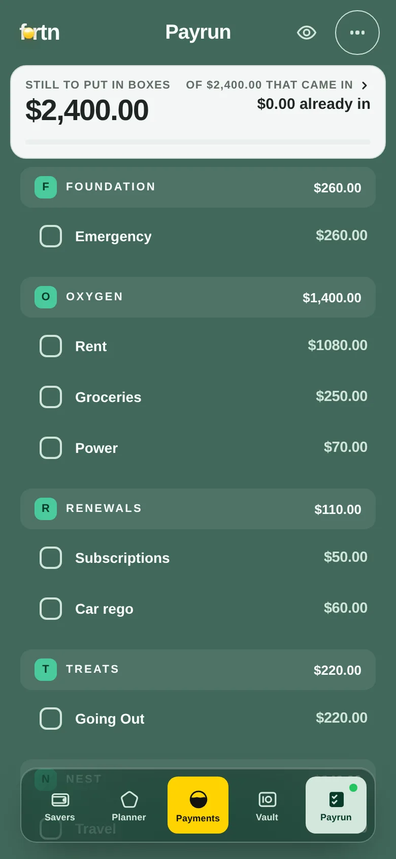 The Payrun screen: $2,400.00 still to put in boxes, with each box listed under its letter waiting to be ticked.
