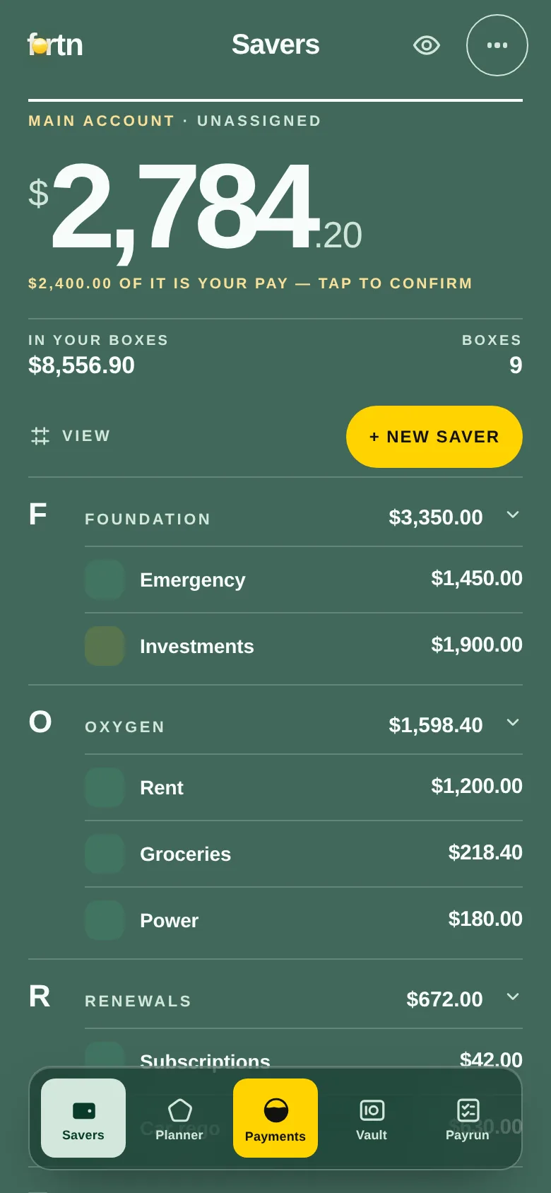 The Fortn app showing real balances: $2,784.20 loose in the main account and $8,556.90 across Foundation, Oxygen and Renewals, box by box.